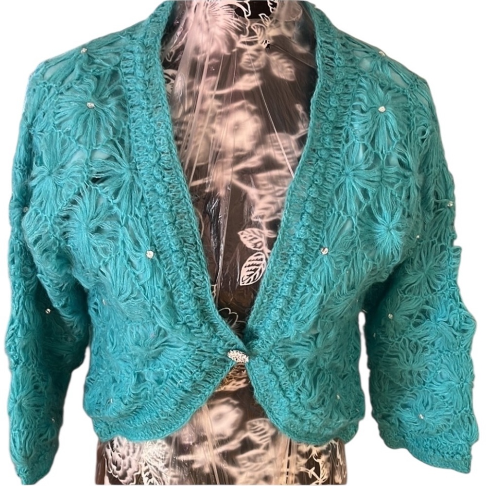Charlotte Tarantola medium blue mohair knit blend cardigan Rhinestone detail